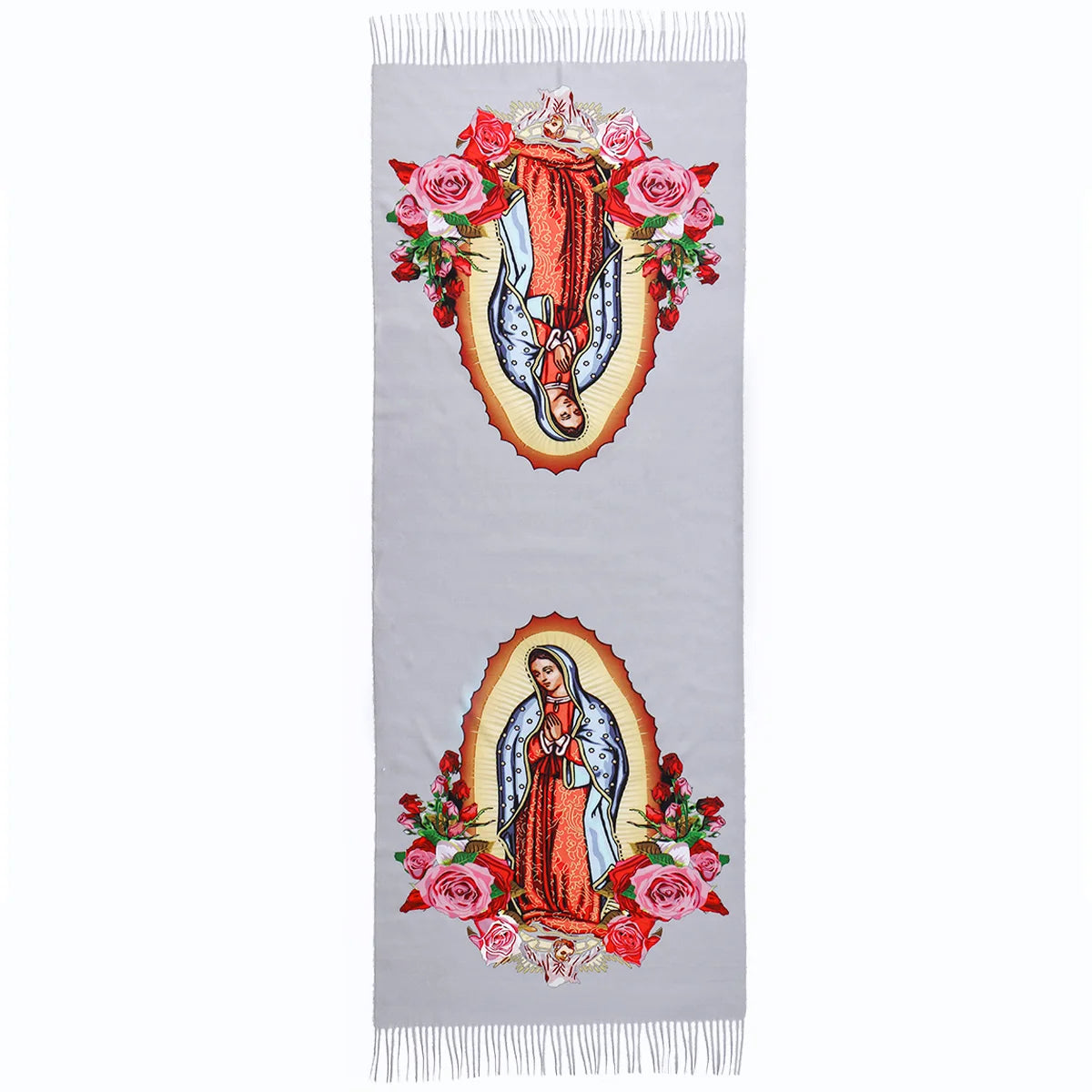 Pañuelo impreso personalizado con imágenes de la Virgen María Guadalupe, rosas y detalles florales.