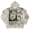 Graues Y2K-Zip-Hoodie-Sweatshirt mit schwarz-weißer Porträt und Text.