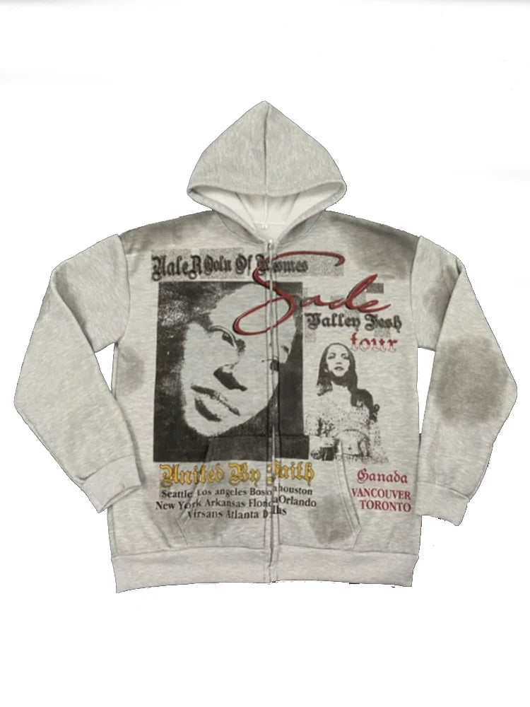 Graues Y2K-Zip-Hoodie-Sweatshirt mit schwarz-weißer Porträt und Text.