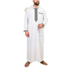 A man wearing a white Moroccan embroidered thobe jellaba with black detailing.