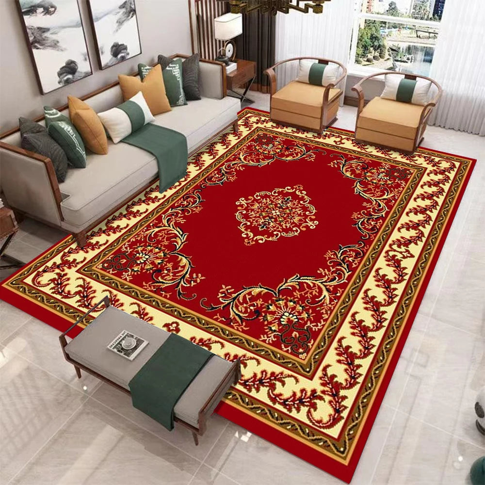 Una vibrante alfombra turca de inspiración persa, roja y dorada, colocada en una sala de estar.