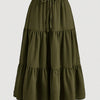 Falda midi bohemia color verde oliva oscuro con cintura fruncida y volantes a capas.