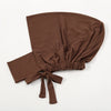 A solid brown elegant cotton polyester inner hijab cap scarf folded and tied at the bottom.
