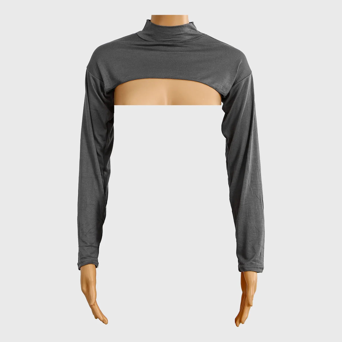 Ein Modell trägt eine graue elastische Modal-Jersey-Schulterjacke für Bedeckung.