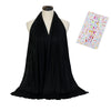 Black soft modal jersey hijab scarf draped on a mannequin next to a grid of colorful accessories