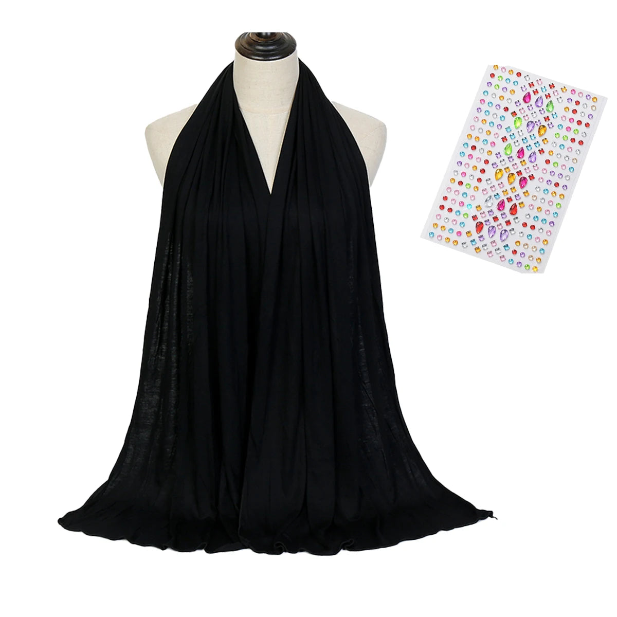 Black soft modal jersey hijab scarf draped on a mannequin next to a grid of colorful accessories