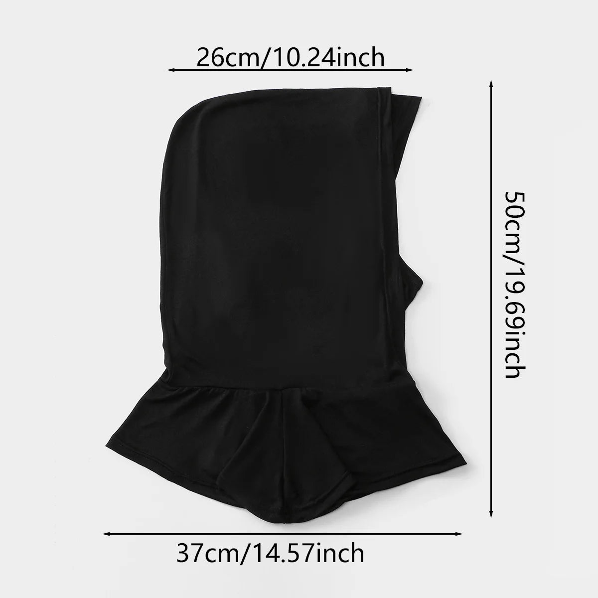 Bonnet hijab noir double couche instant, dimensions 26 cm de large et 50 cm de haut.