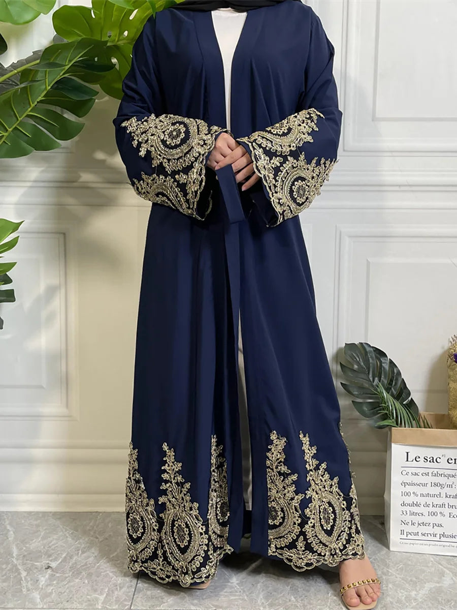 Abaya kaftan de lujo azul marino con bordado dorado para mujeres