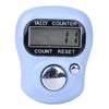 A light blue mini digital tally counter device with a display and a round silver button.