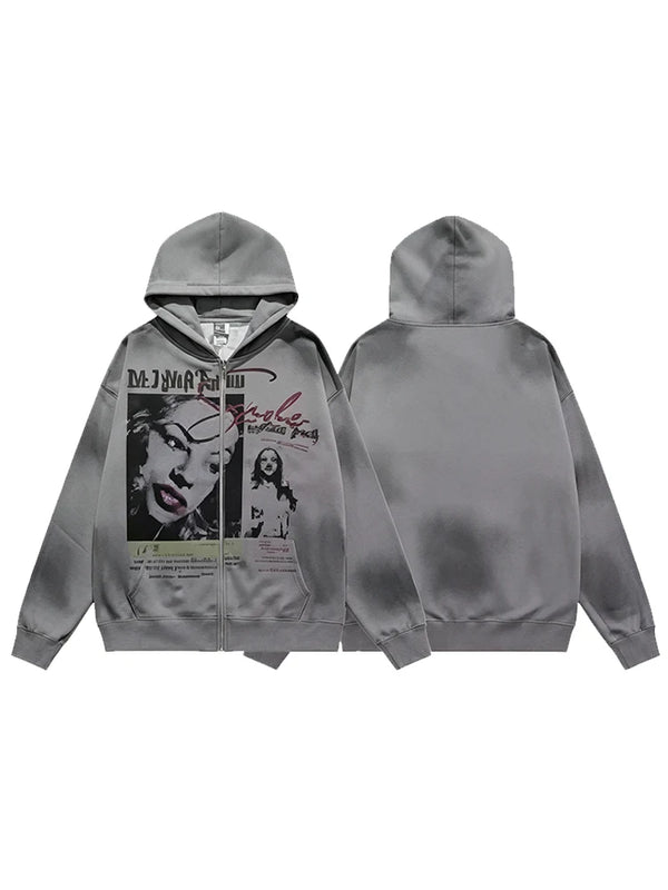 A gray Y2K zipper hooded sweatshirt jacket with a graphic print on the front.