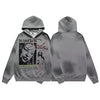 Graue Y2K-Zipp-Kapuzenjacke mit Grafikdruck auf der Vorderseite.