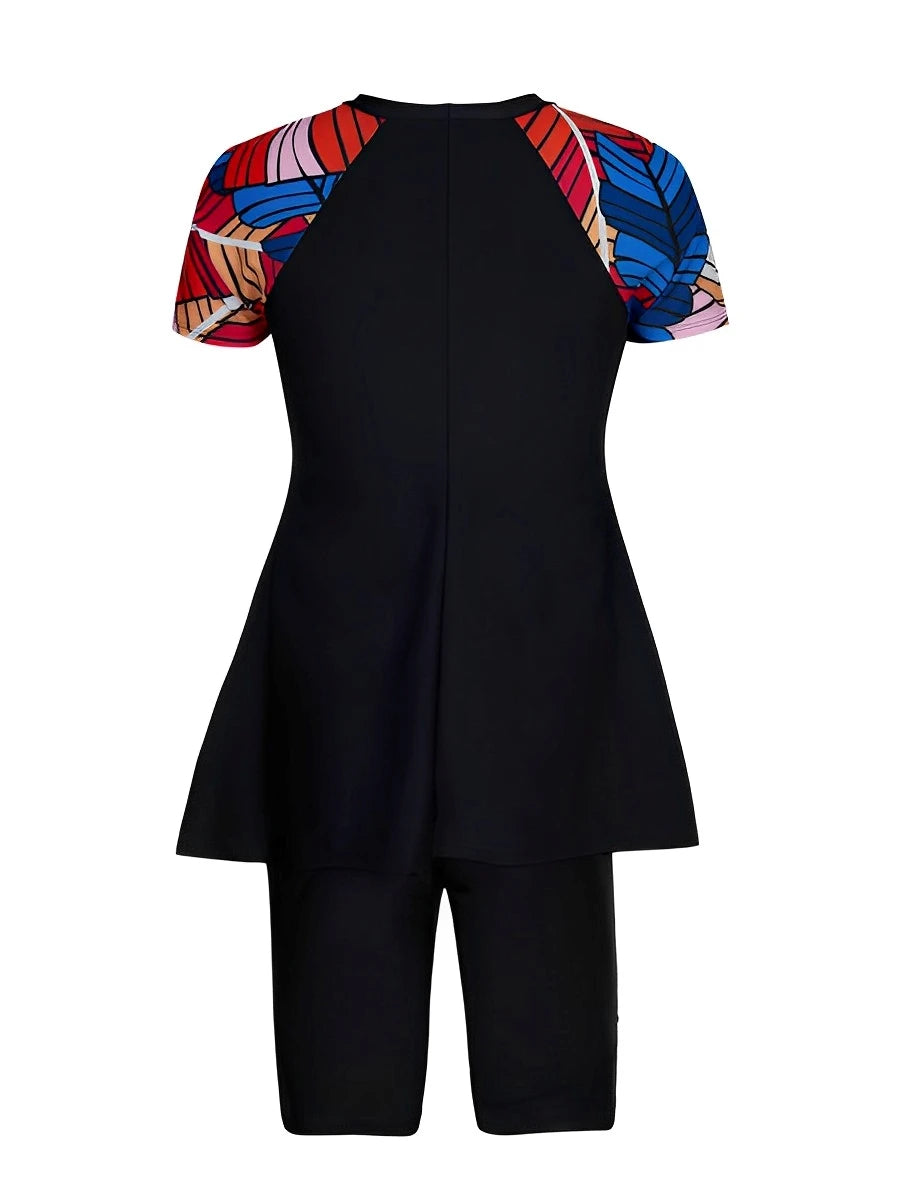 Schwarzes Print-Maxi-Tankini-Badeanzug mit farbenfrohen, abstrakten Blumenmustern an den Ärmeln.