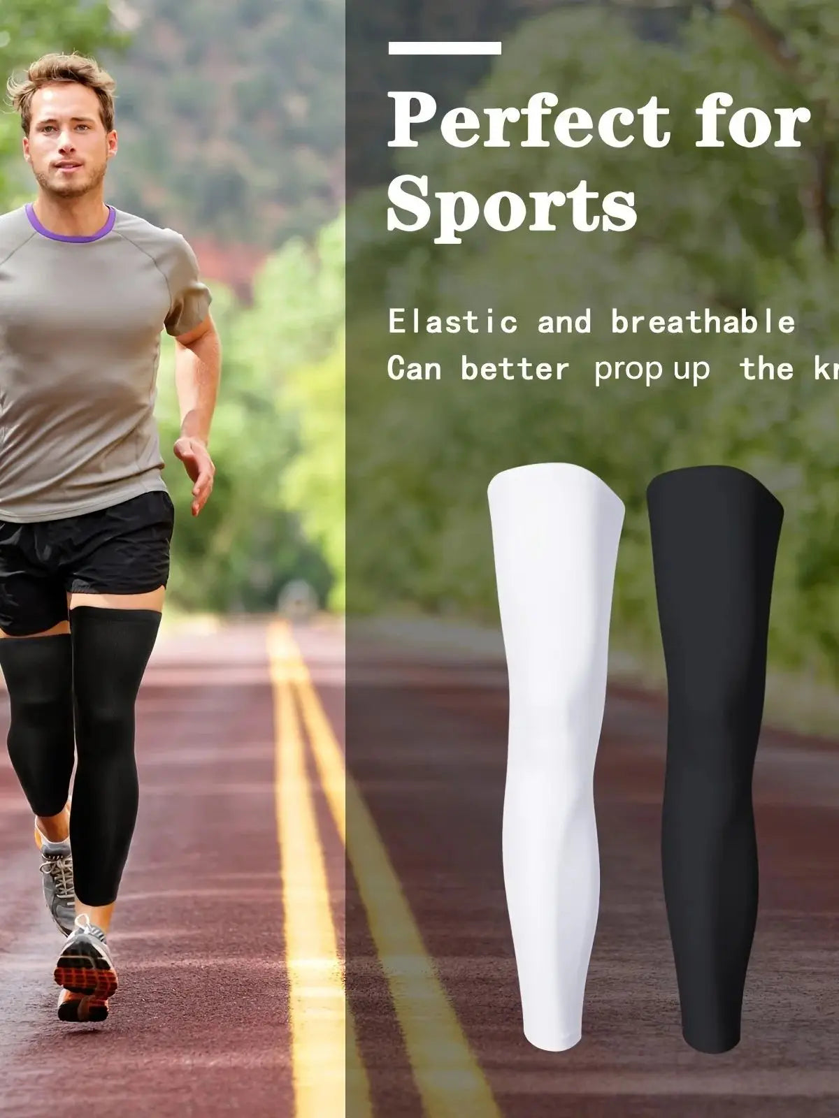 Couvre-jambes élastiques blanc et noir à côté d'un homme courant sur une piste.