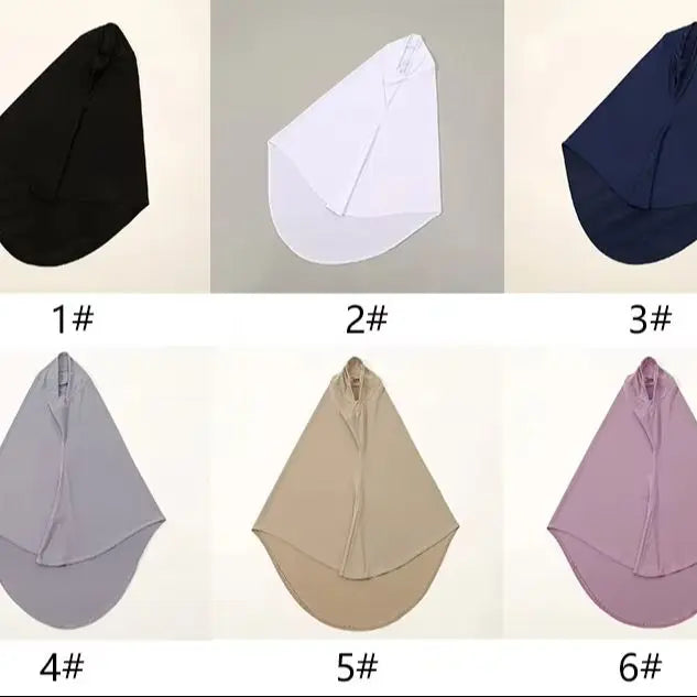 Sechs Schattierungen eleganter Modal-Jersey-Hijab-Schals in verschiedenen Farben und Winkeln.