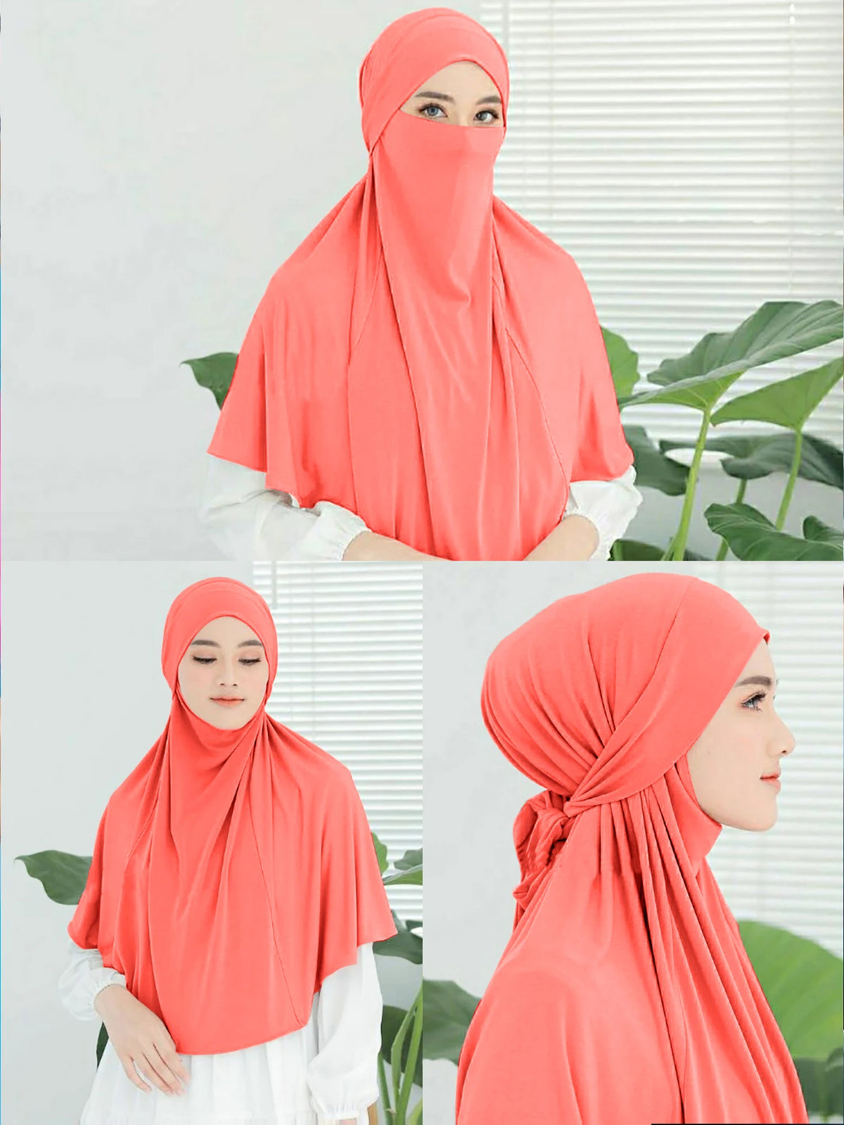 Eine Frau trägt einen leuchtend korallenrosa Instant-Turban-Hijab für Frauen.