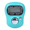 A teal mini digital counter device with a display, count reset function, and a round button.