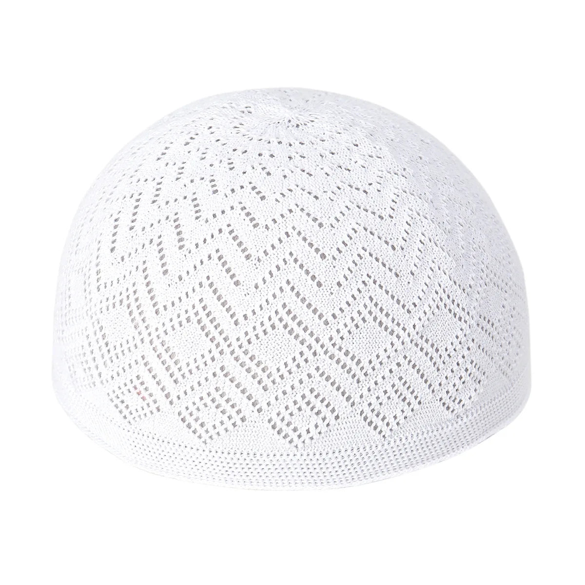 White knitted prayer hat or kufi with a perforated mesh pattern