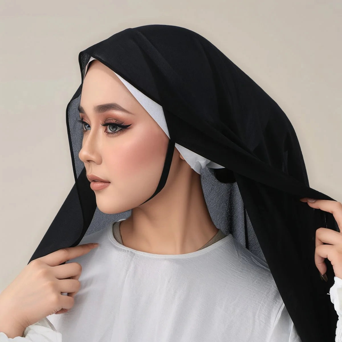 Eine Frau trägt einen schwarzen Instant-Hijab aus elastischem Modaljersey mit Riemen.