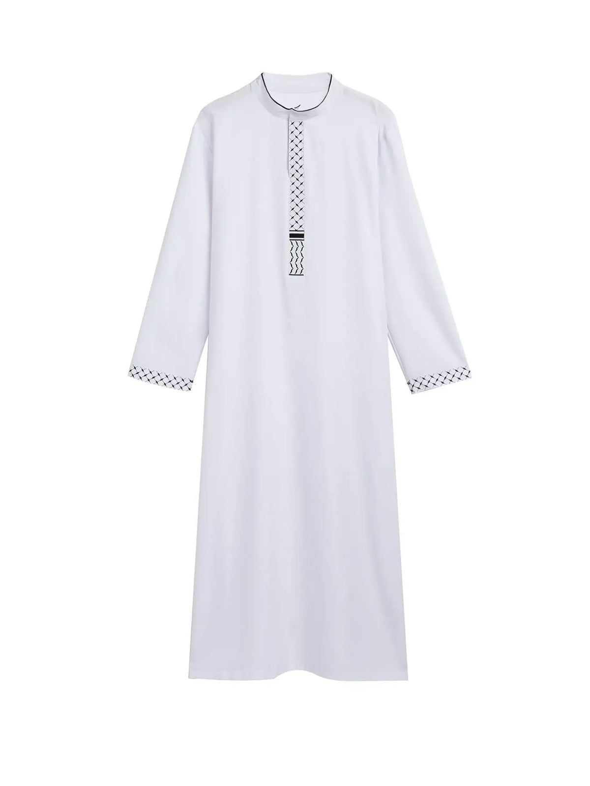 Weißes, besticktes Jabba-Thobe Kaftan für Herren mit Mandarin-Kragen und gemusterten Ärmeln