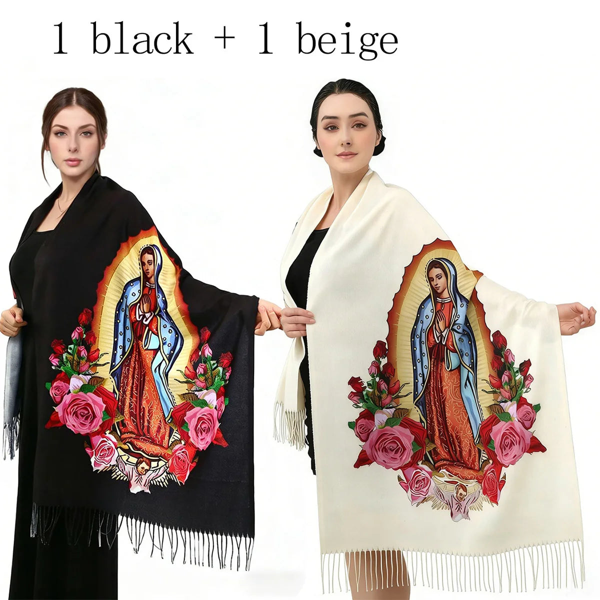 Una bufanda negra con un estampado personalizado de la Virgen de Guadalupe en tonos naranja y rosa, junto a una bufanda beige