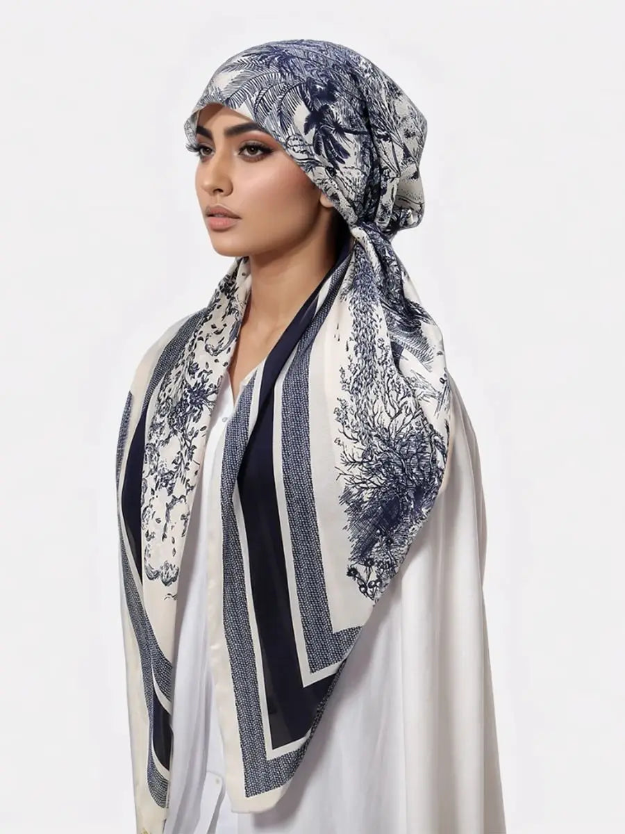 Une femme portant un hijab carré à motif bleu marine et crème drapé sur sa tête et son cou.