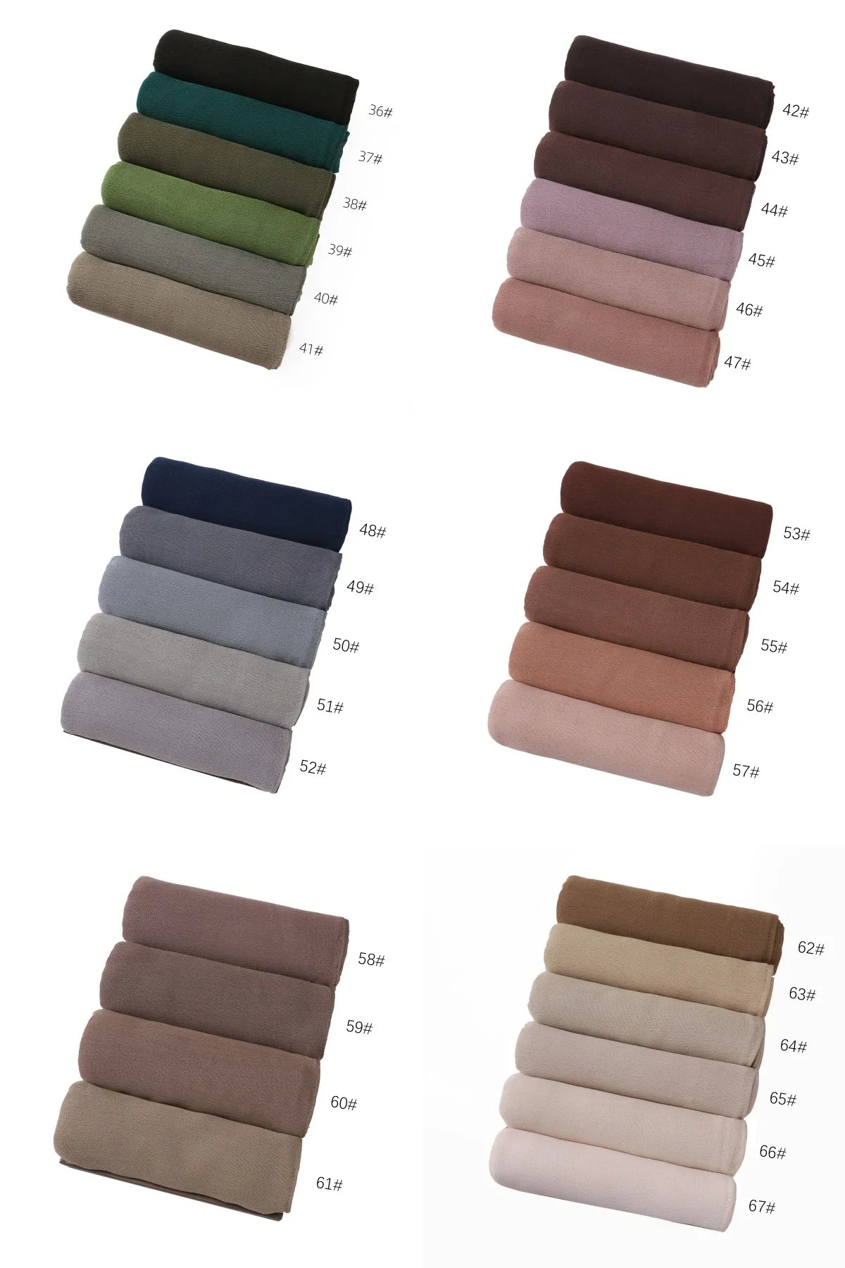 Collection de foulards ou châles en tissu pliés empilés dans diverses nuances de beige et de brun.
