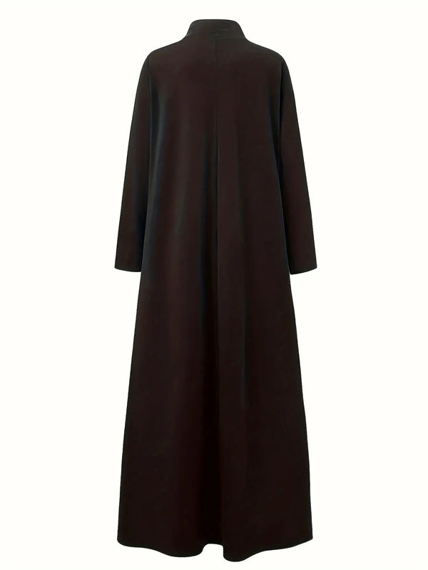 A dark brown loose fit maxi dress shown from the back.
