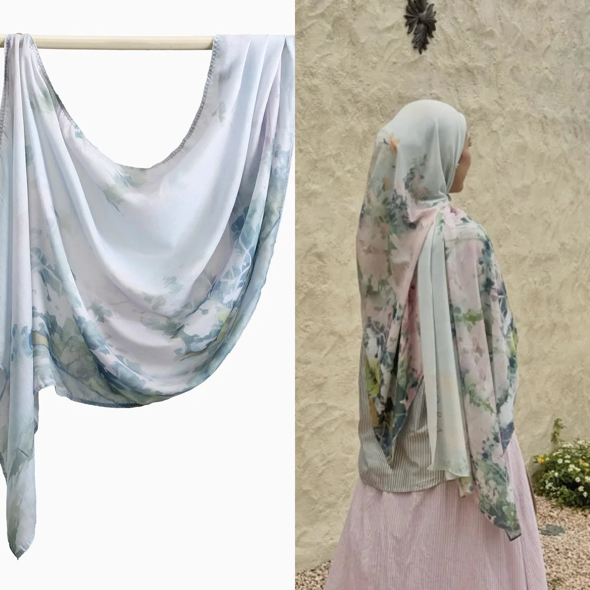 Eine Frau trägt einen hellvioletten Aquarell-Ombré-Hijabschal über Kopf und Schultern.