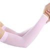 A close-up of a person's arm wearing light pink cooling UV protection arm sleeves.