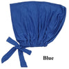 Pañuelo turbante elegante azul real atado en la parte inferior.
