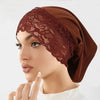 Model wearing a brown lace knit inner hijab undercap turban bonnet