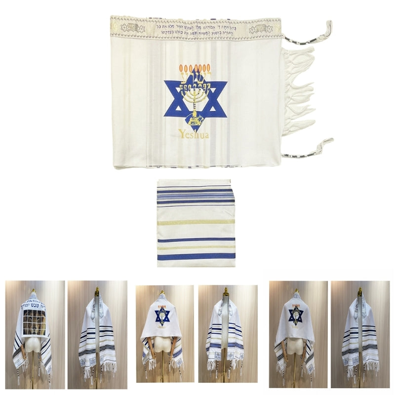 Weißes und blaues handgefertigtes Messianisches Gebetsschal mit Davidstern-Stickerei