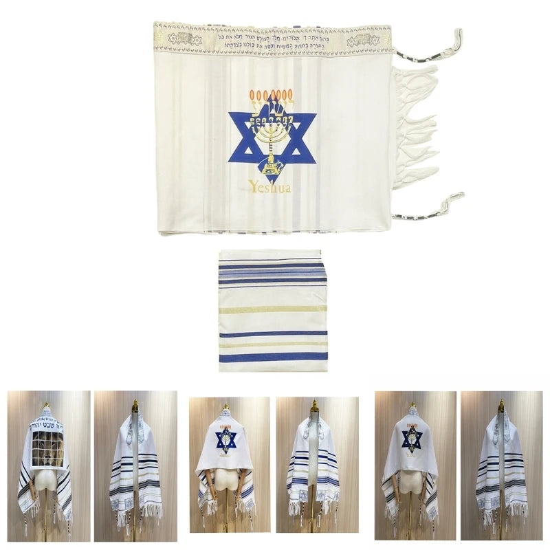 Weißes und blaues handgefertigtes messianisches Gebetsschal mit hebräischer Schrift und dekorativer Stickerei