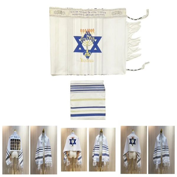 White and blue handcrafted messianic prayer shawl with Hebrew text and decorative embroidery