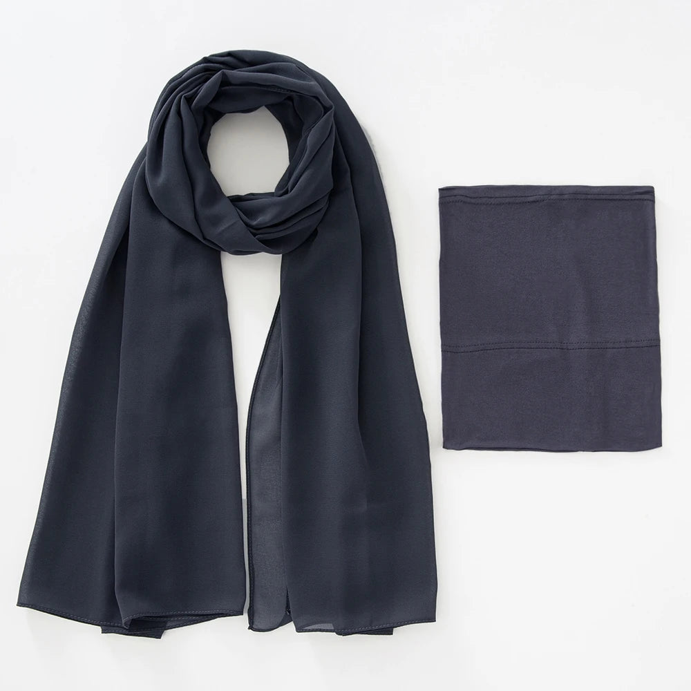 A dark navy blue chiffon hijab and underscarf set displayed flat.