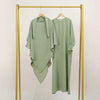 A light sage green two-piece abaya and khimar set displayed on a gold hanger against a white background.