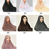 Sieben Varianten des sofort tragbaren Chiffon-Hijabs in Schwarz, Weiß, Beige, Braun und Mauve auf einem Model.