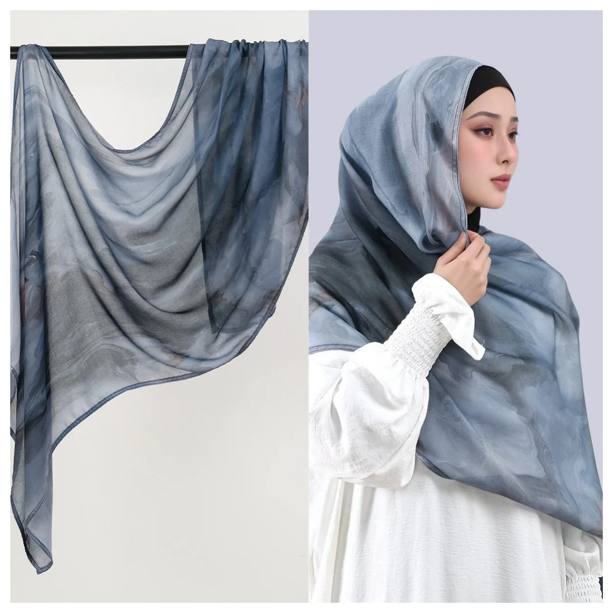 Eine Frau trägt einen Aquarell-Ombré-bedruckten Rayon-Modal-Hijabschal mit Grau- und Blauton-Verlauf.