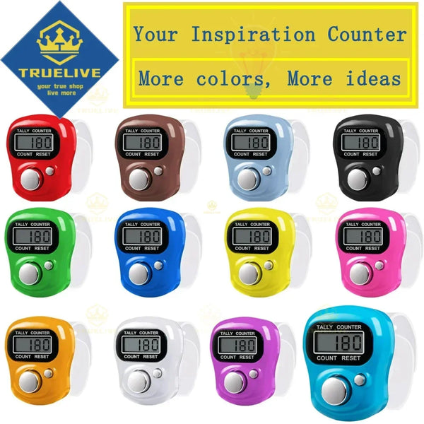 A set of mini electronic finger counters in various colors including red, brown, blue, green, and yellow.