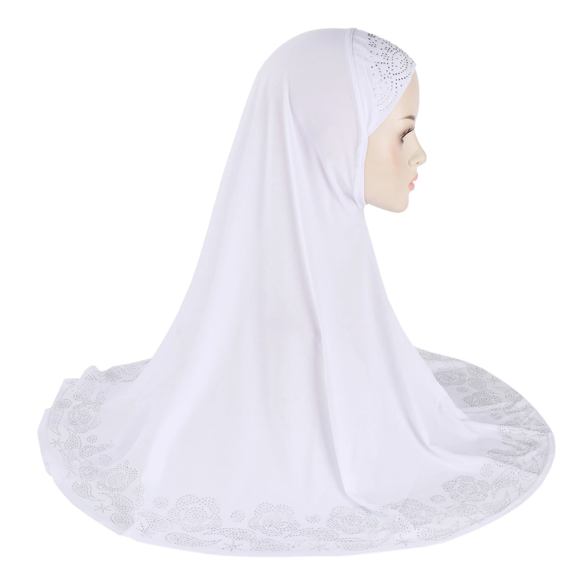 Pañuelo hijab de pedrería floral blanca exhibido en maniquí