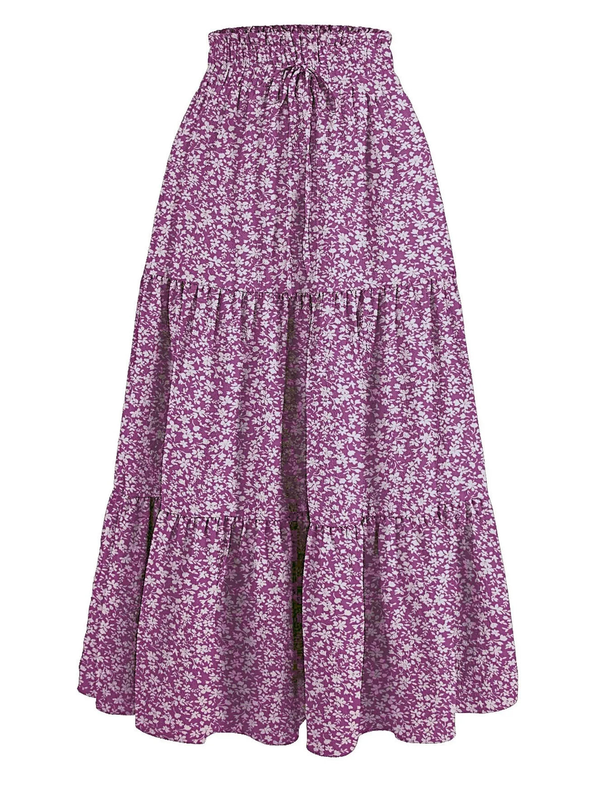 Falda midi bohemia floral morada con detalles fruncidos