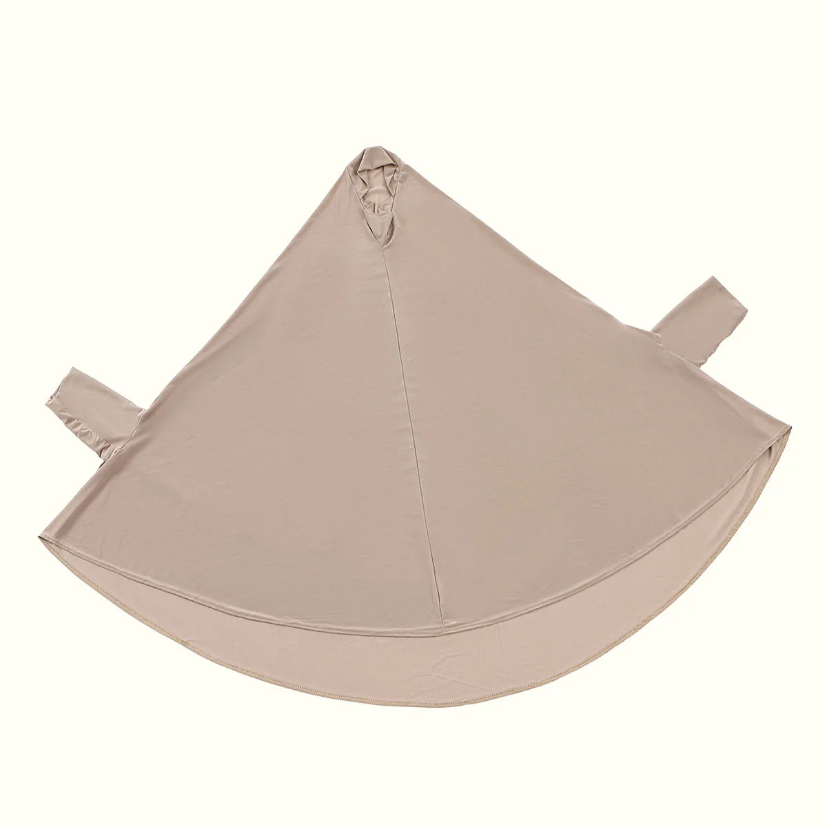 Beige elegante Baumwollabaya mit Ärmel und Hijab, flach präsentiert.