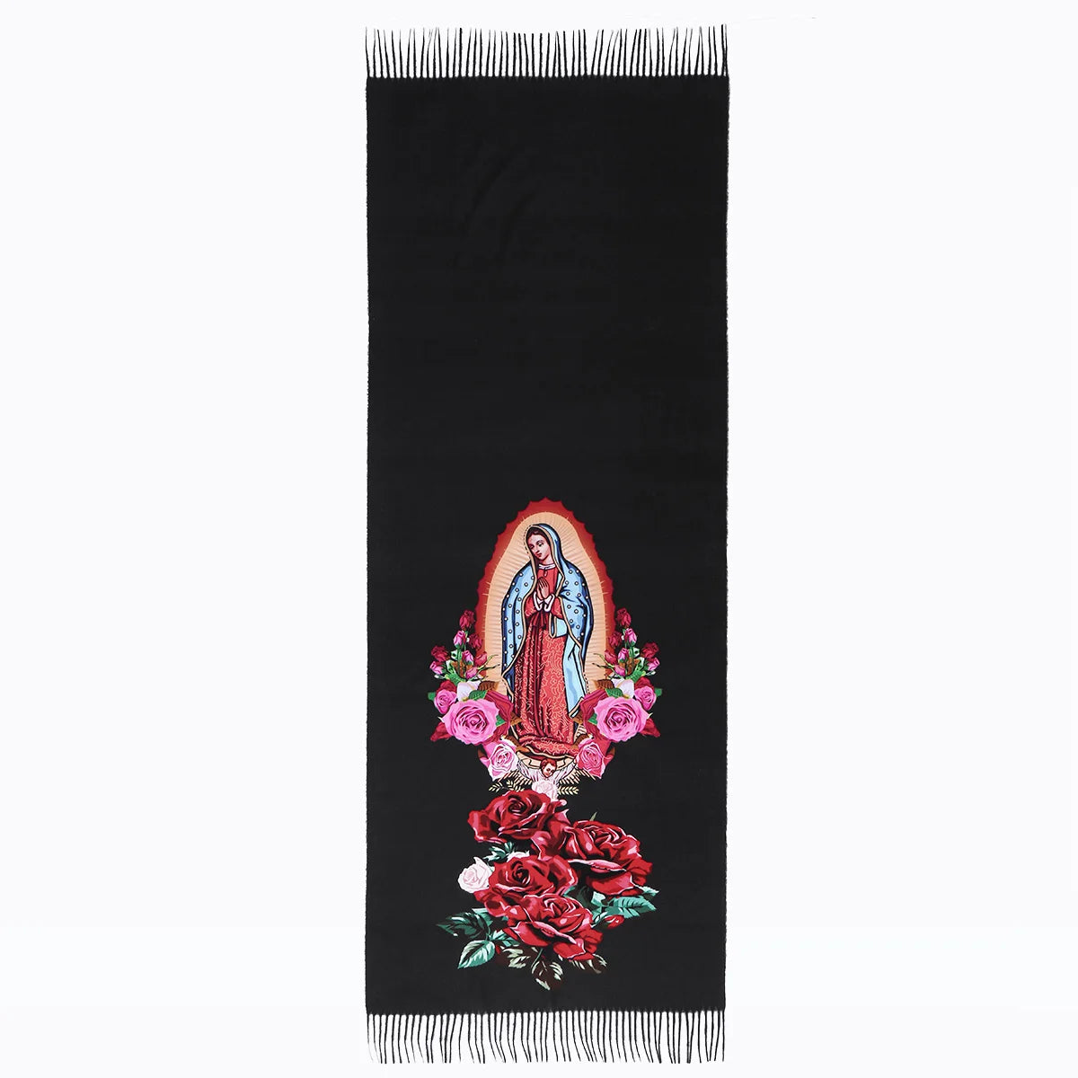 Pañuelo negro con estampado personalizado de la Virgen de Guadalupe y rosas.