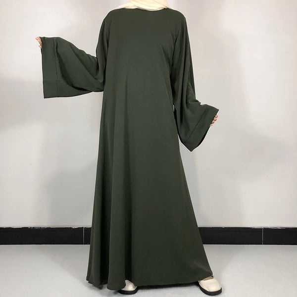 A dark olive green plain Nida Abaya dress shown from the back, worn by a model.