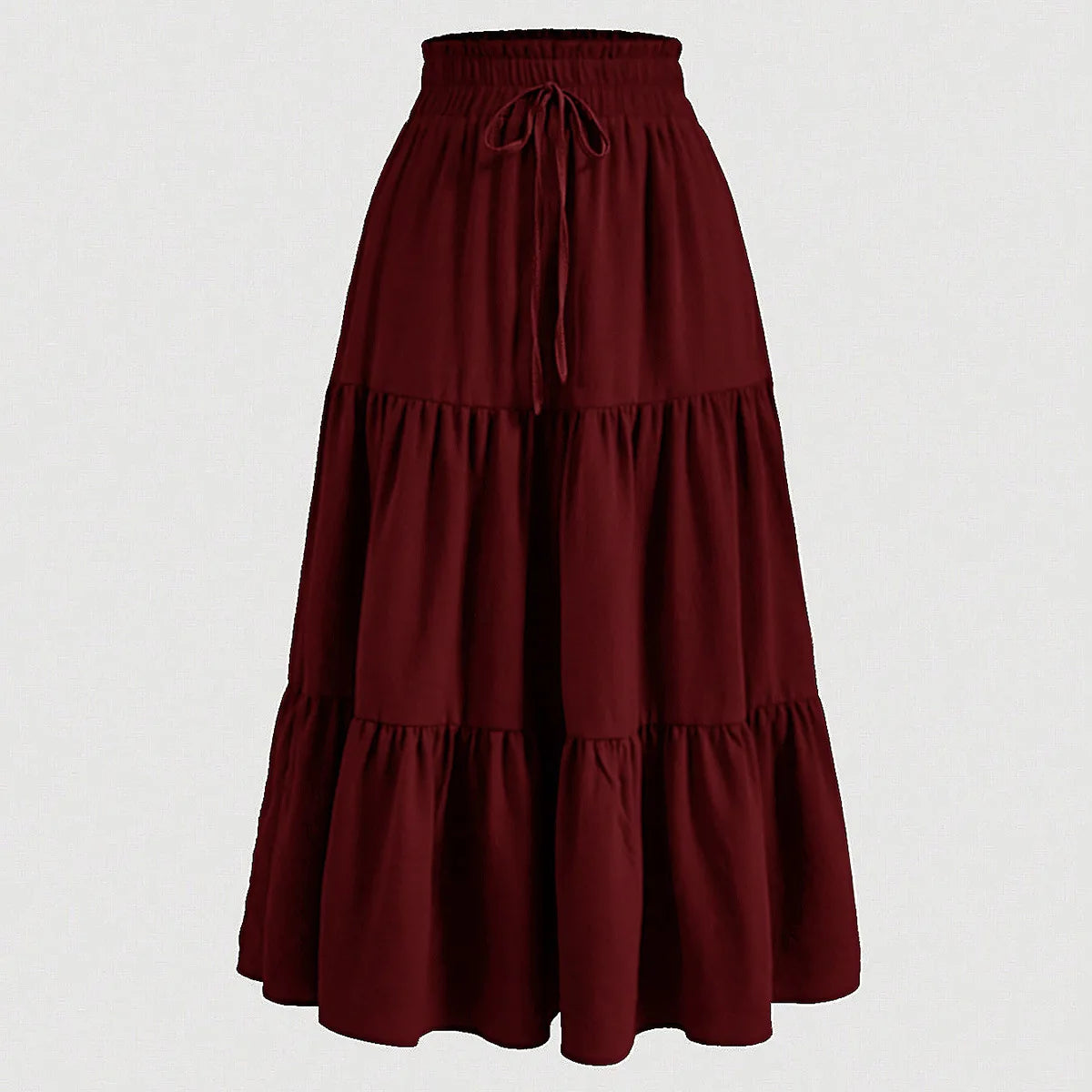 Falda midi A-line bohemia color granate con cordón en la cintura.