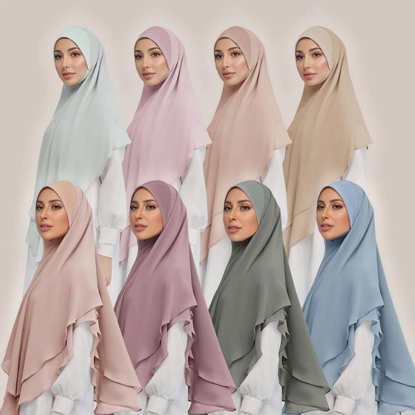 Five models display various shades of double layer chiffon instant hijab scarves.