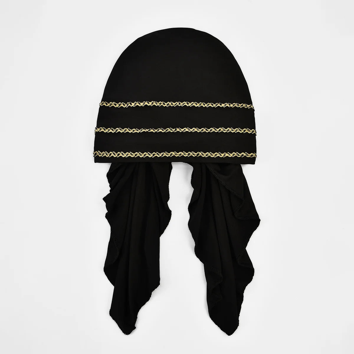 Schwarzer Hijab-Schal mit goldenen Streifen und elastischem Band