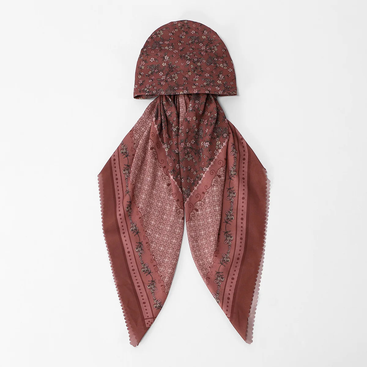 Maroon floral print voile hijab headscarf with a gathered drape.