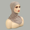 Model wearing a beige, stretchy cotton, full coverage hijab bonnet.