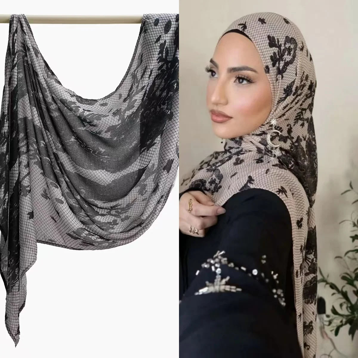 Eine Frau trägt einen schwarz-beigen Aquarelldruck-Baumwoll-Modal-Hijab-Schal über ihrem Kopf.